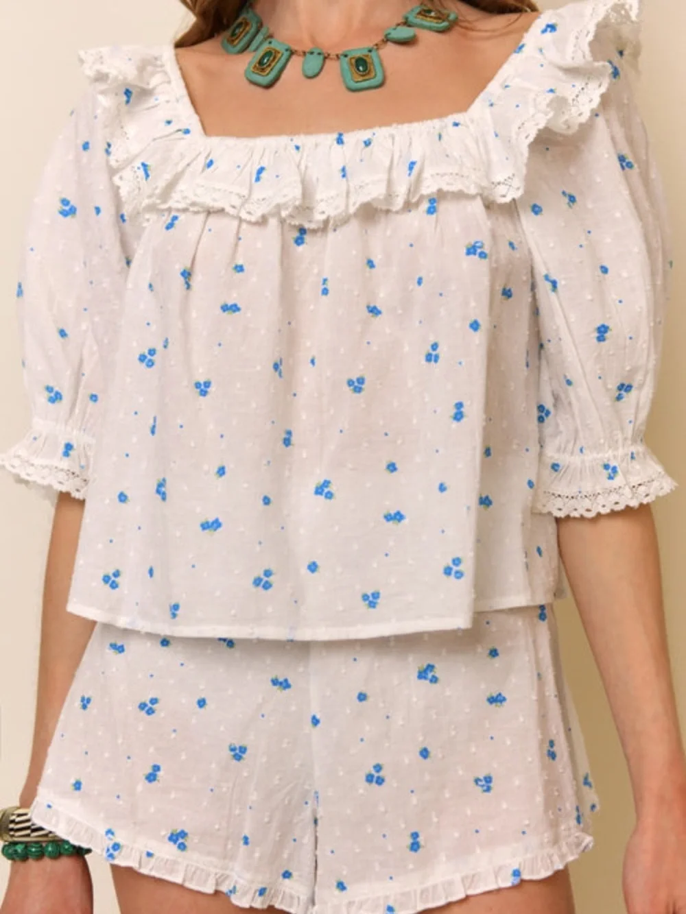 RIXO Cece French Petal Embroidery Pajamas / Top & Shorts Set $205 - Picture 1 of 9